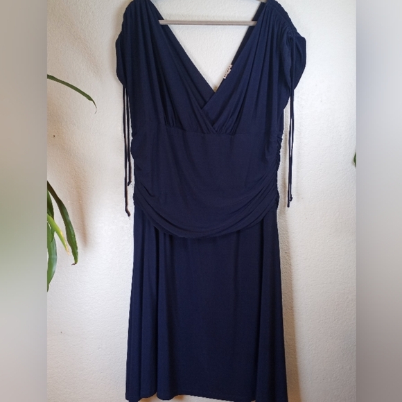 Kiyonna Draped Ruched Adjustable Sleeve Midi Dress Nautical Casual Navy Blue 3X - Picture 3 of 6